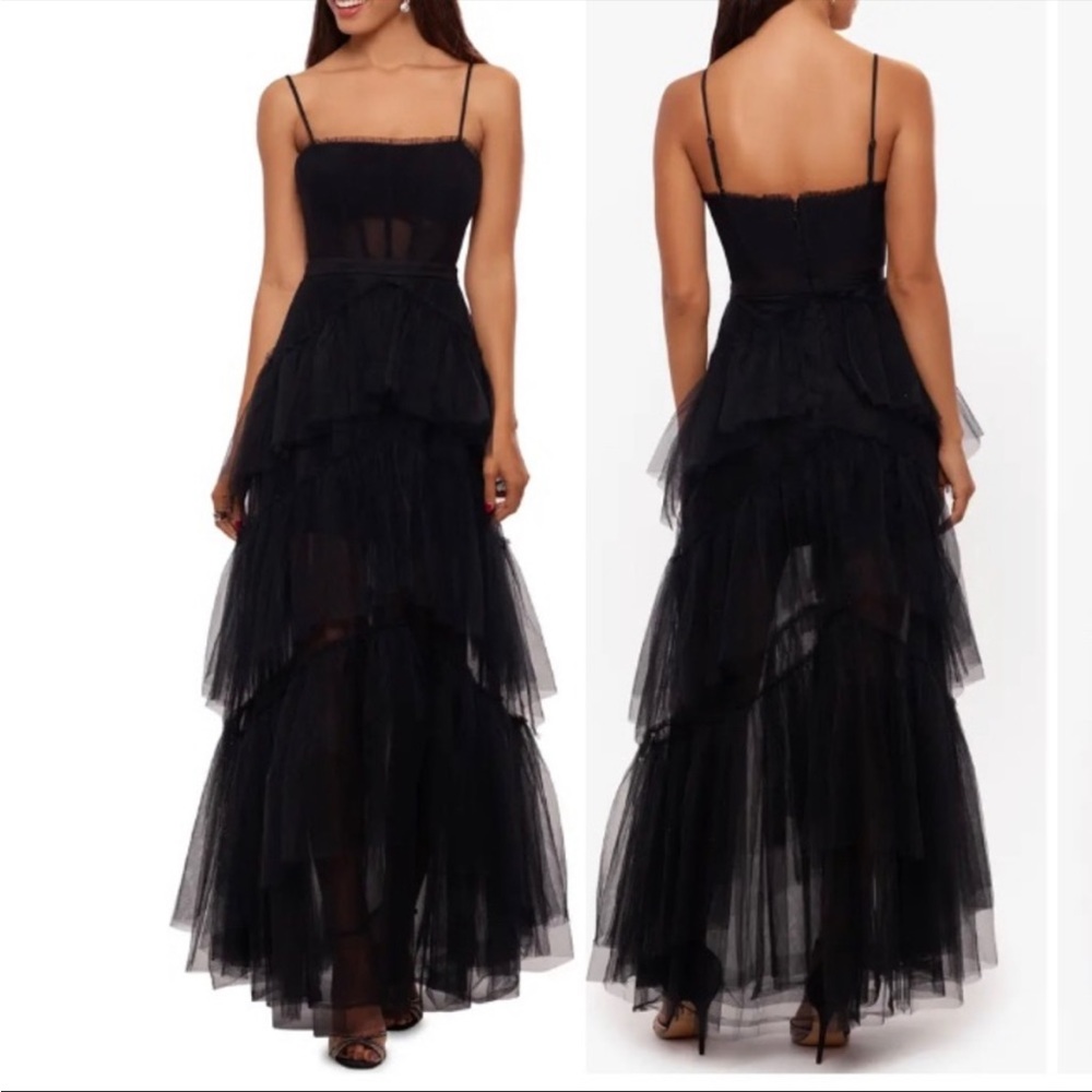 Betsy & Adam Illusion Tiered Ruffle Tulle Square Neck Corset Mesh Gown size 10